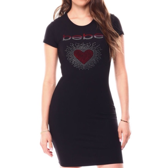 Bebe Crystal Logo Heart Graphic Midi Dress Black NWT - Picture 1 of 16